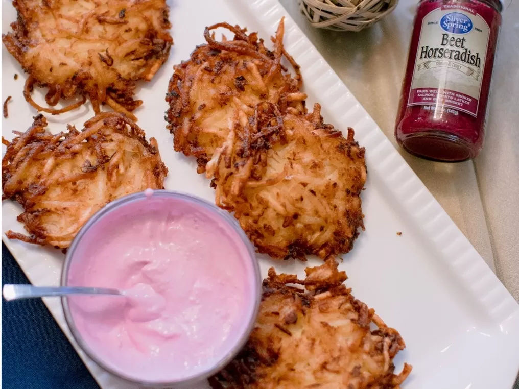 Latkes with Beetroot Horseradish Sour Cream made with Silver Spring Beet Horseradish
